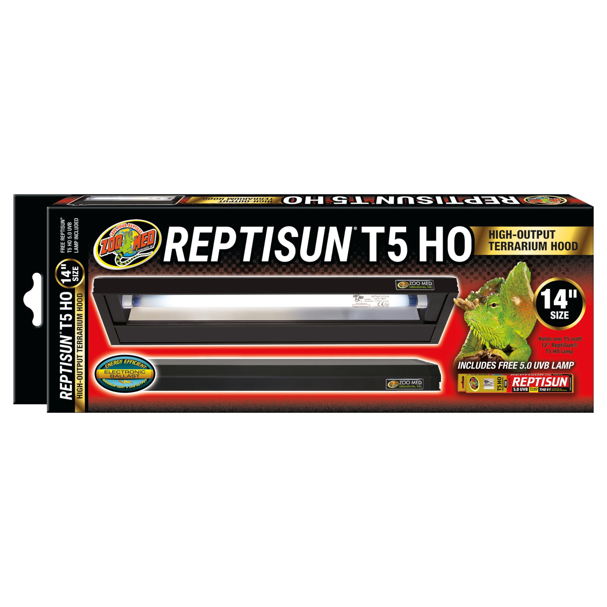 Zoo Med 5.0 T5HO terrarium hood front view with UVB lamp and low profile.