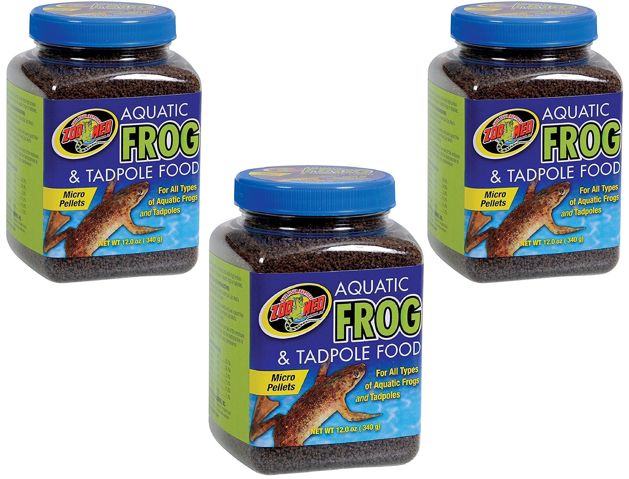 Zoo Med Aquatic Frog and Tadpole Food 12 oz pellets for all life stages, supports growth.