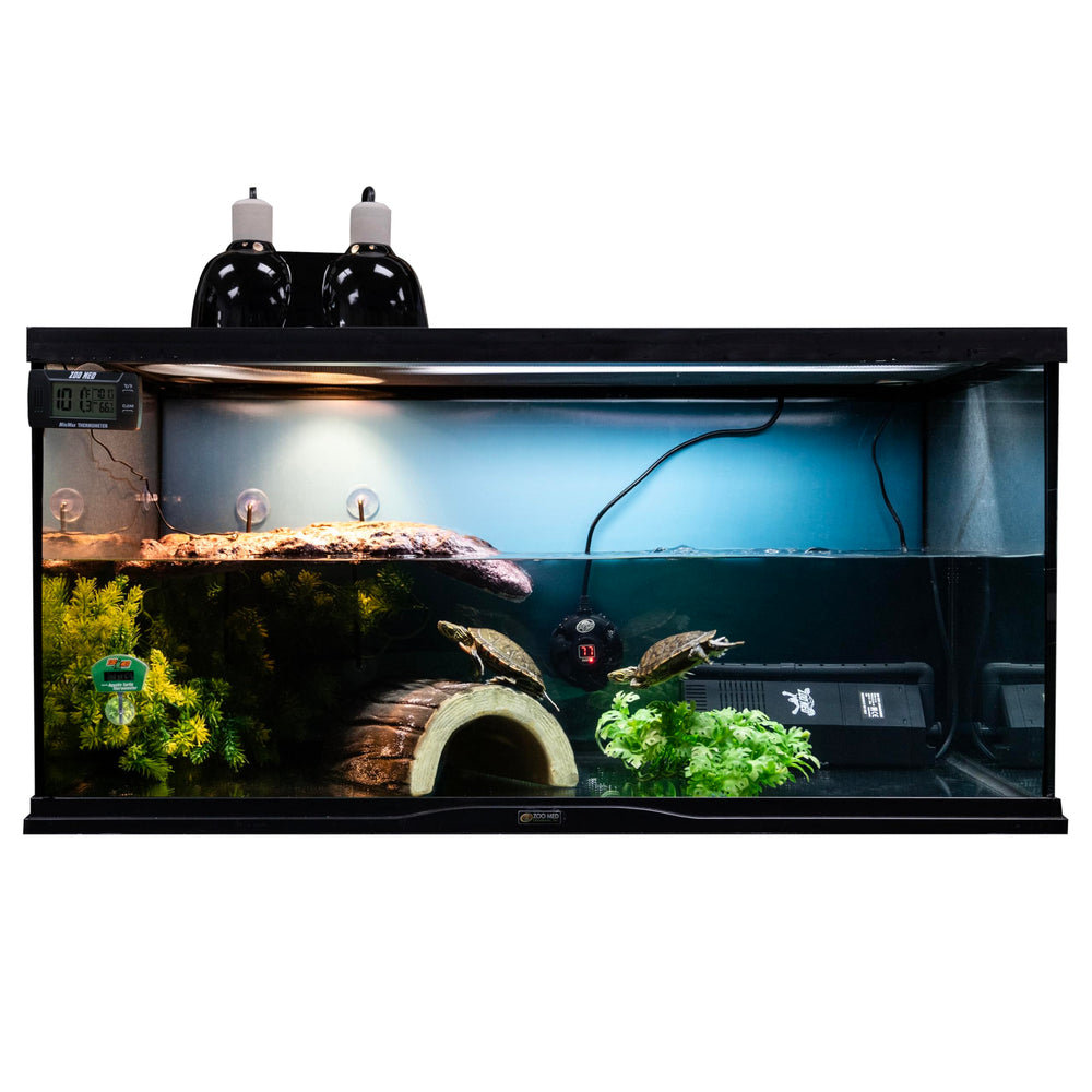 Zoo Med aquatic turtle terrarium setup shows complete habitat lighting