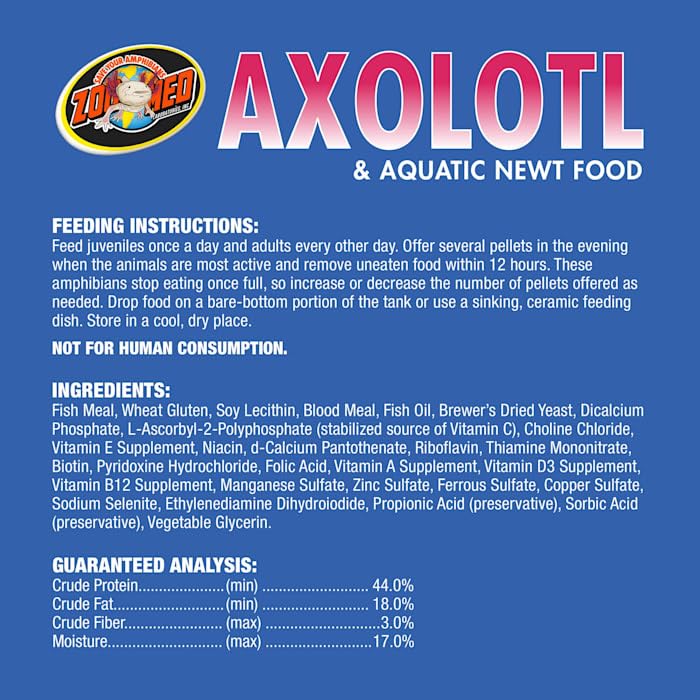 Zoo Med Axolotl & Aquatic Newt Food made in USA seal on packaging