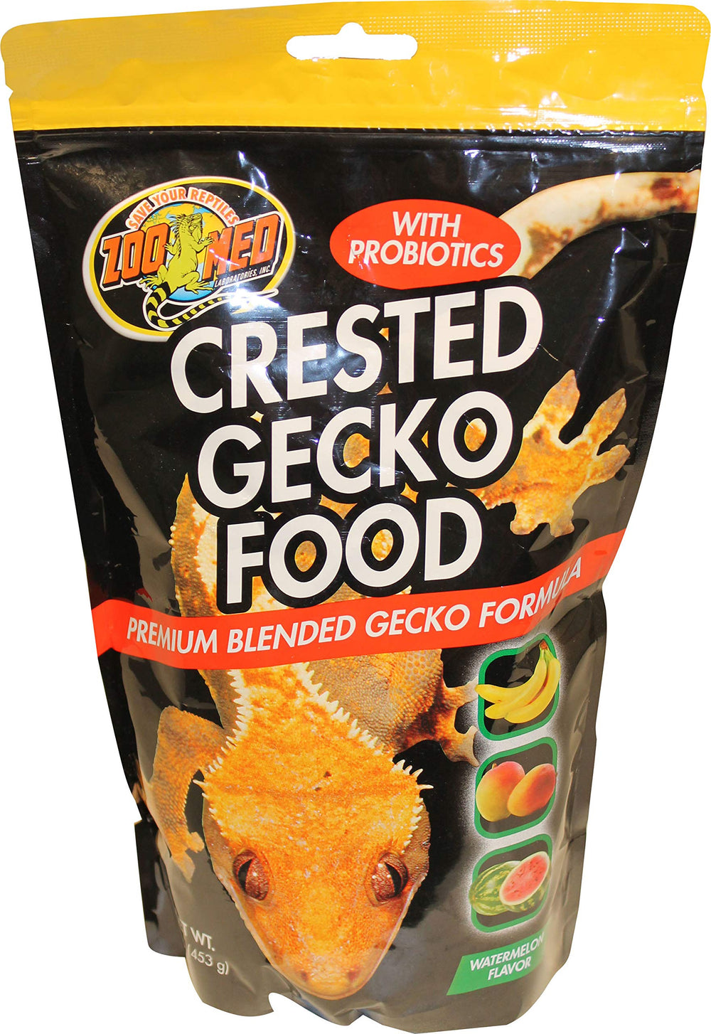 Zoo Med Crested Gecko Food Watermelon 1lb black packaging enhances feeding flexibility and flavor variety.