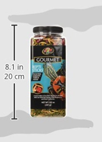 Zoo Med Gourmet ReptiSticks ingredients show red shrimp, mealworms, and cranberries for varied diet.