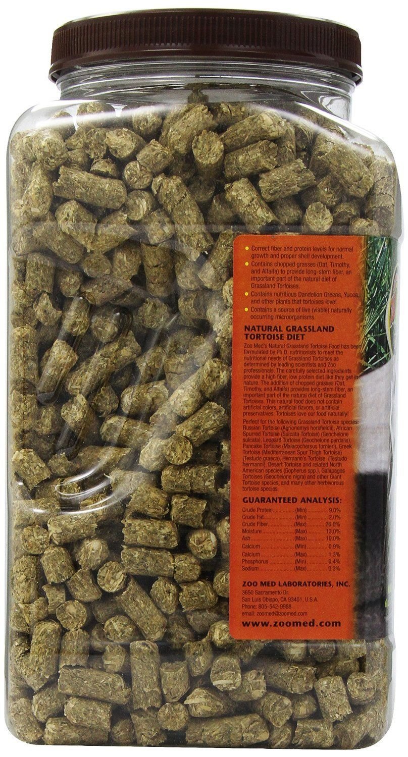 Zoo Med Natural Grassland Tortoise Food ingredient closeup shows dandelion greens and sun-cured hay for fiber-rich diet.