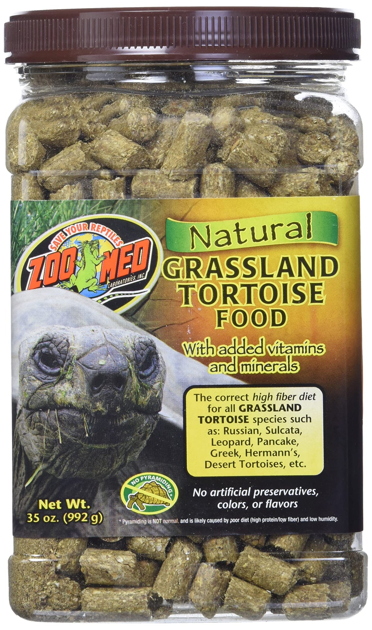 Zoo Med Natural Grassland Tortoise Food packaging highlights long-stem fiber for a natural diet
