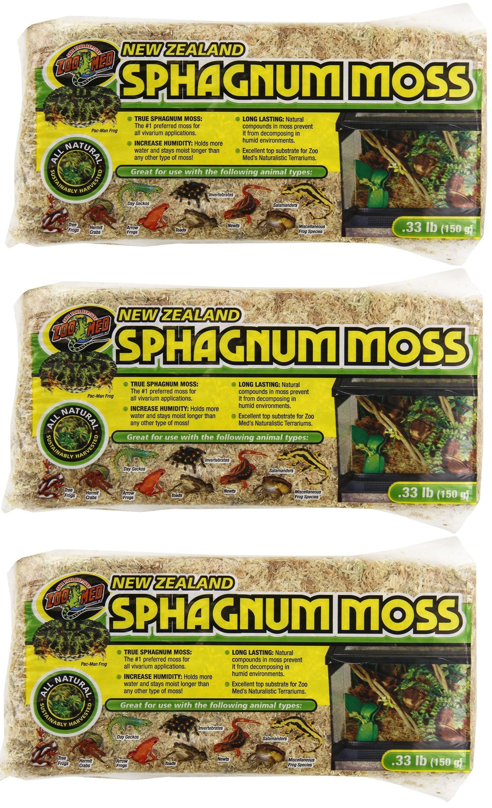 Zoo Med New Zealand Sphagnum Moss pack provides moist, natural substrate for humidity-loving terrariums.
