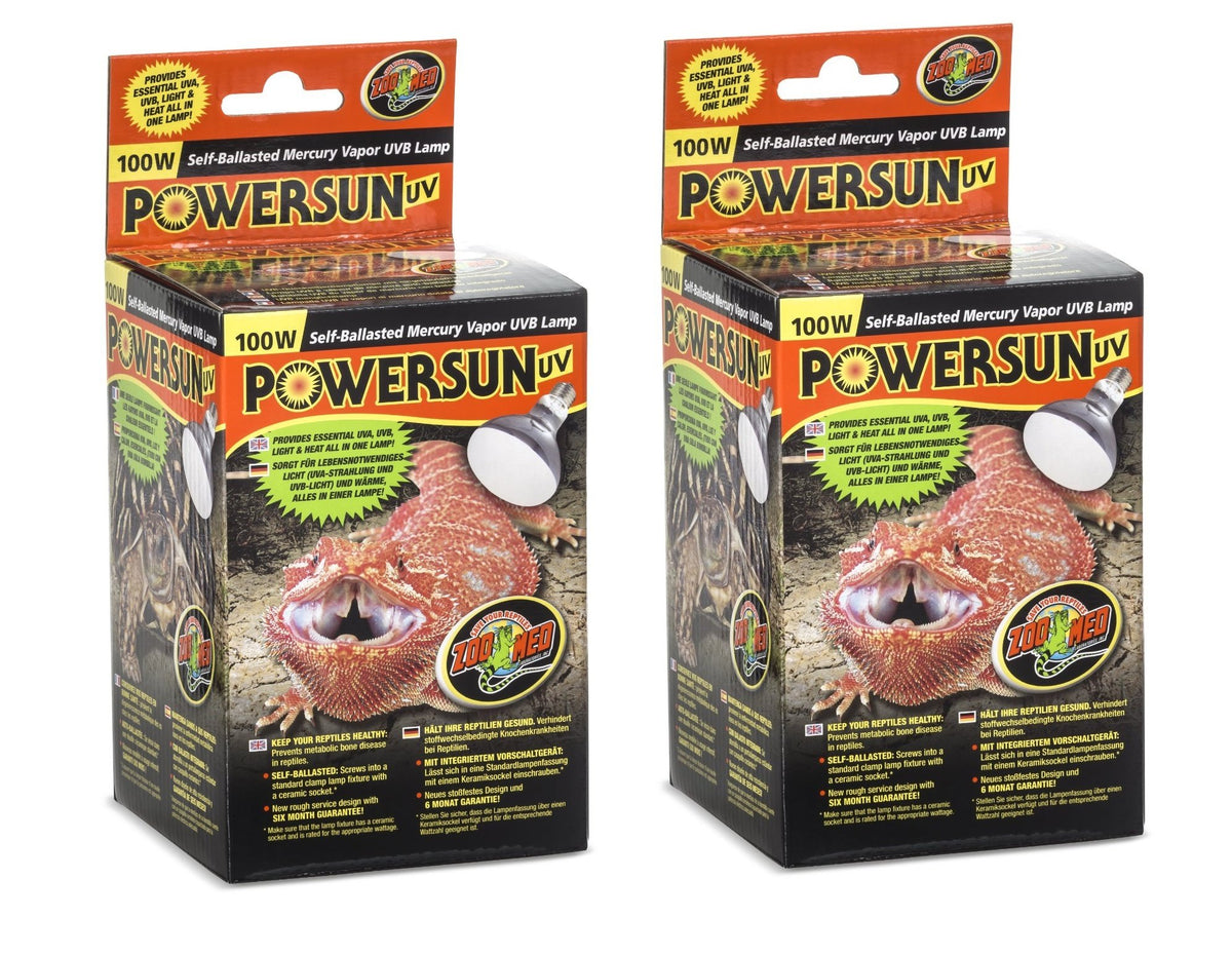 Zoo Med PowerSun UV lamp 100W two-pack provides basking heat and UVB for reptiles.