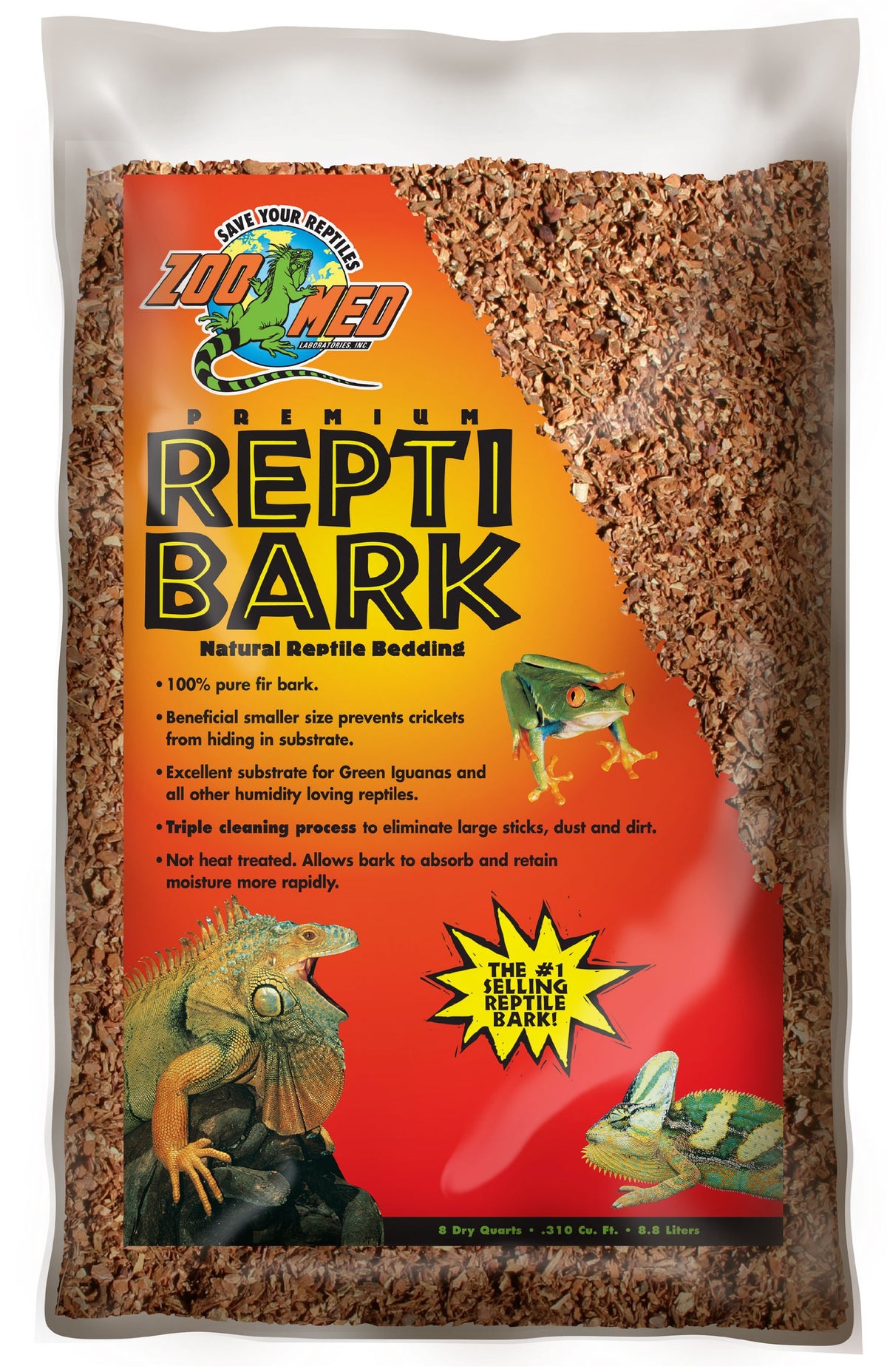 Zoo Med Reptile Bark Fir Bedding 8 qt bag showing reusable substrate option for terrariums.