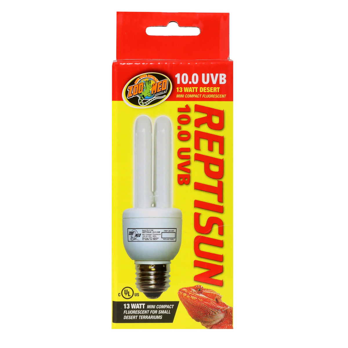 Zoo Med ReptiSun 10.0 Mini UVB lamp front view provides targeted UVB for desert reptiles.