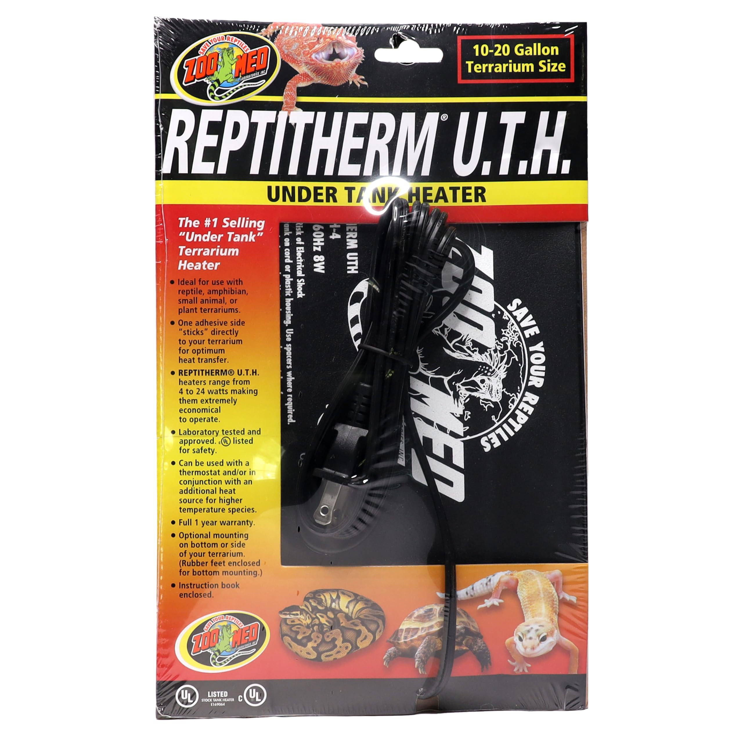 Zoo Med ReptiTherm undertank heater packaging shows compact size for simple setup.