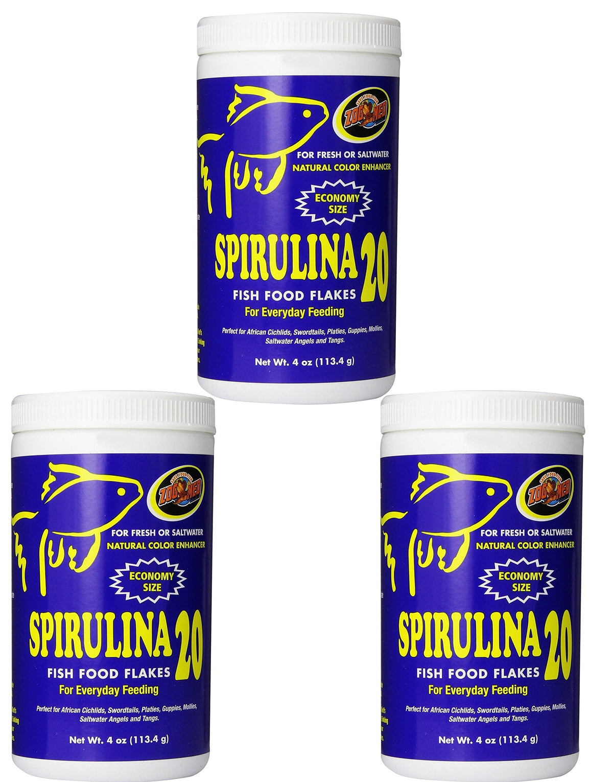 Zoo Med Spirulina 20 Flake Fish Food 3-pack front view supporting vibrant coloration