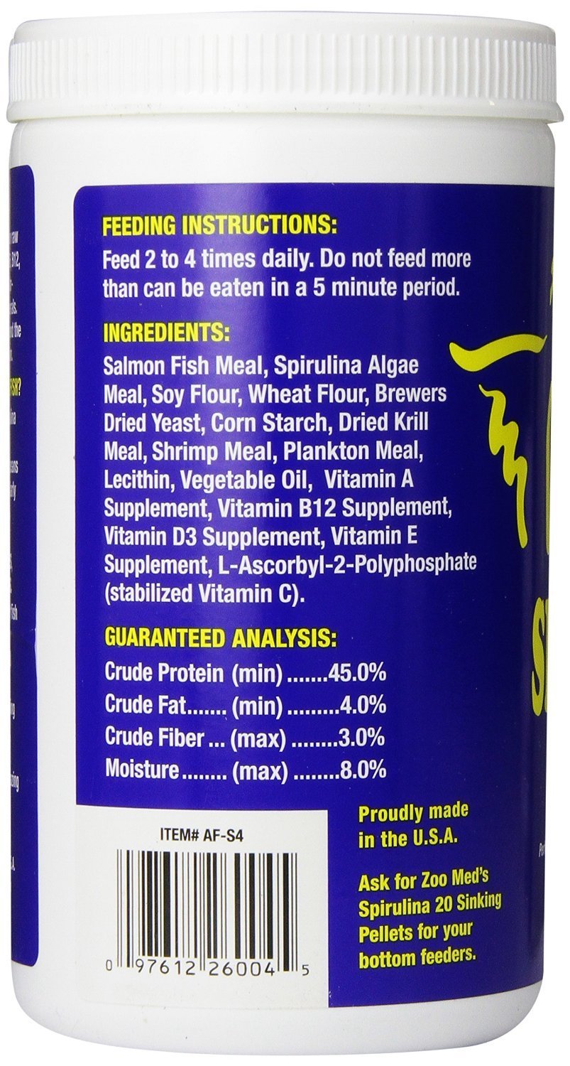 Zoo Med Spirulina 20 Flake 3-pack label close-up highlighting quality ingredients for healthy fish