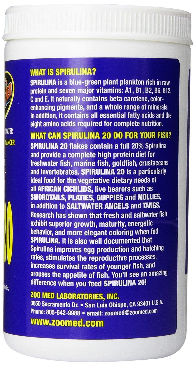 Zoo Med Spirulina 20 Flake Fish Food 4-ounce container for easy daily feeding