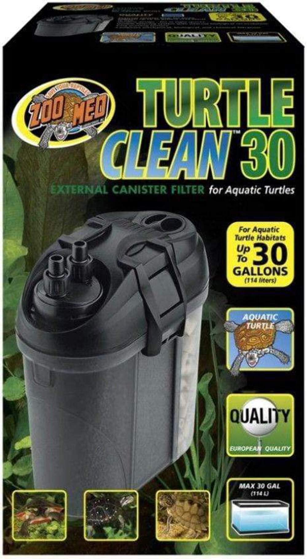 Zoo Med Turtle Clean external canister filter, front view, with adjustable flow control for 30-gallon habitats.