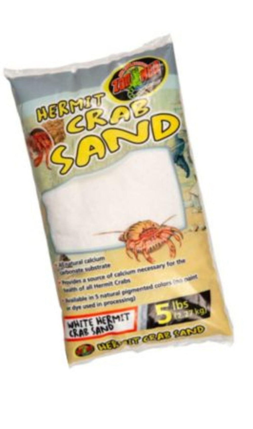 Zoo Med White Hermit Crab Sand package highlight two-bag pack offers versatile tank setup.