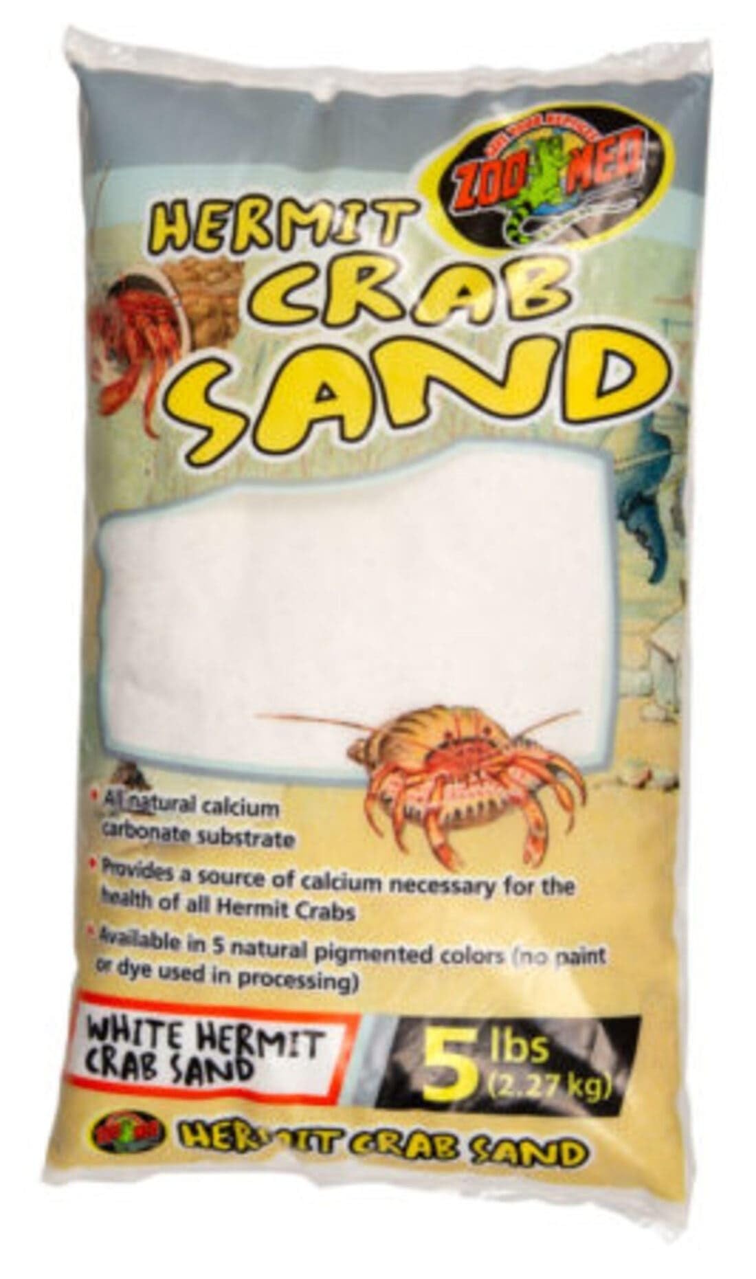 Zoo Med White Hermit Crab Sand close-up shows natural calcium carbonate texture for burrowing and climbing.