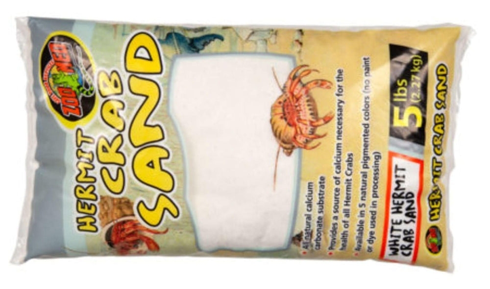 Zoo Med White Hermit Crab Sand substrate provides calcium-rich base without dyes for healthy enclosure.