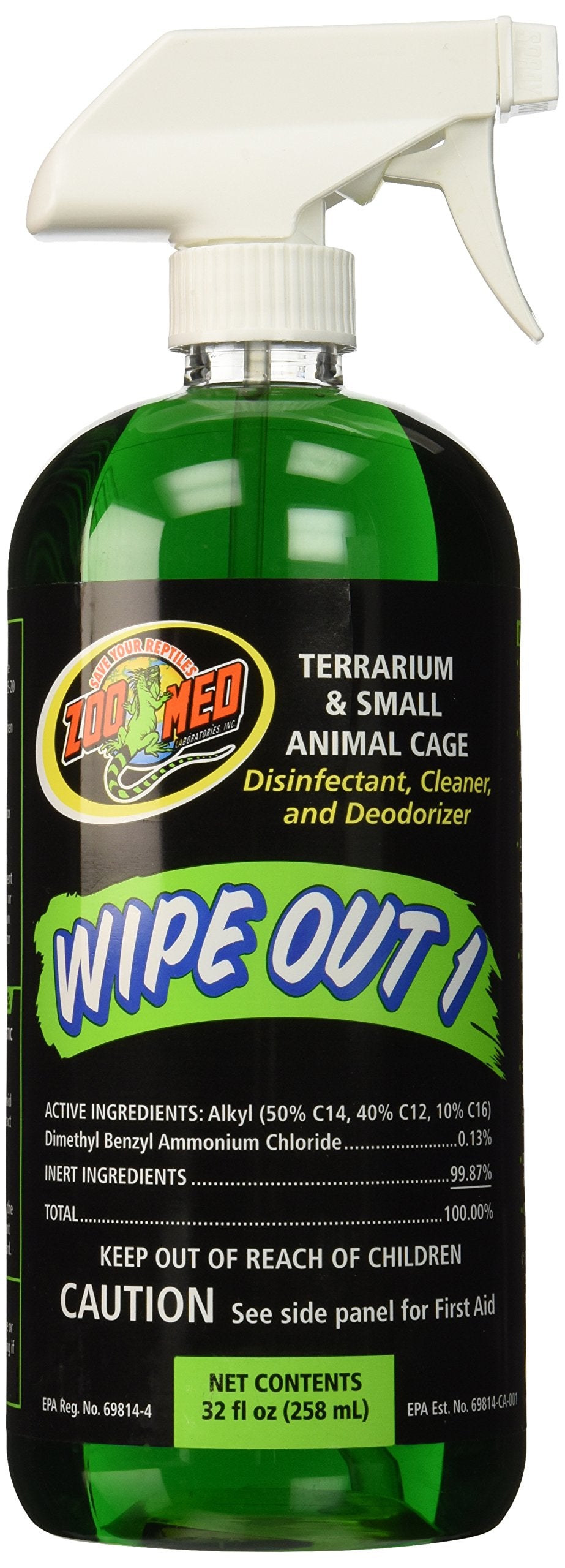 Zoo Med Wipe Out 1 disinfectant bottle for terrariums, reduces bacteria and odors.