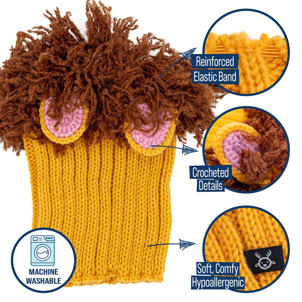 Zoo Snoods Lion Costume knit mane on dog features adjustable elastic bands.