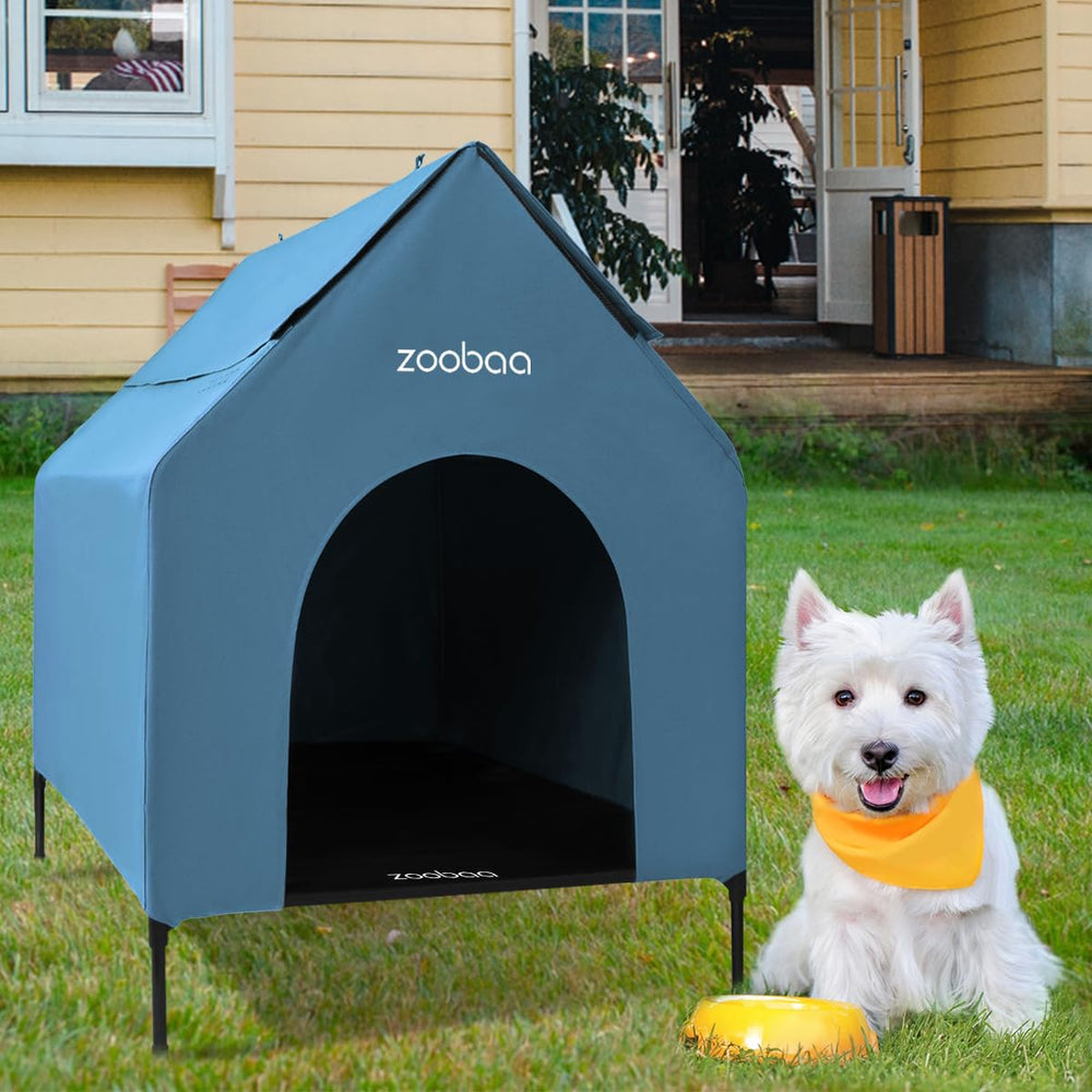Zooba 29-inch 2-in-1 dog house blue with elevated shelter and airflow.