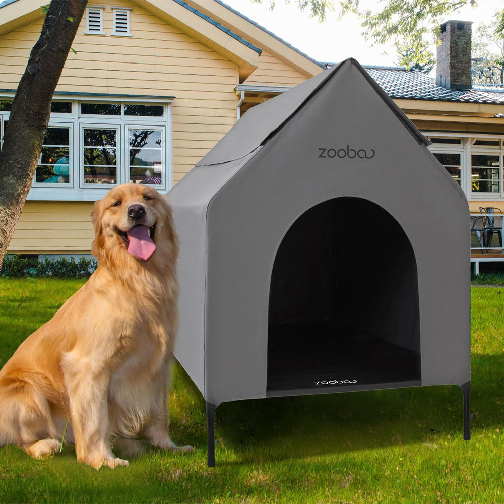 Zooba 36-inch large dog house exterior in grey provides weather-ready outdoor shelter.
