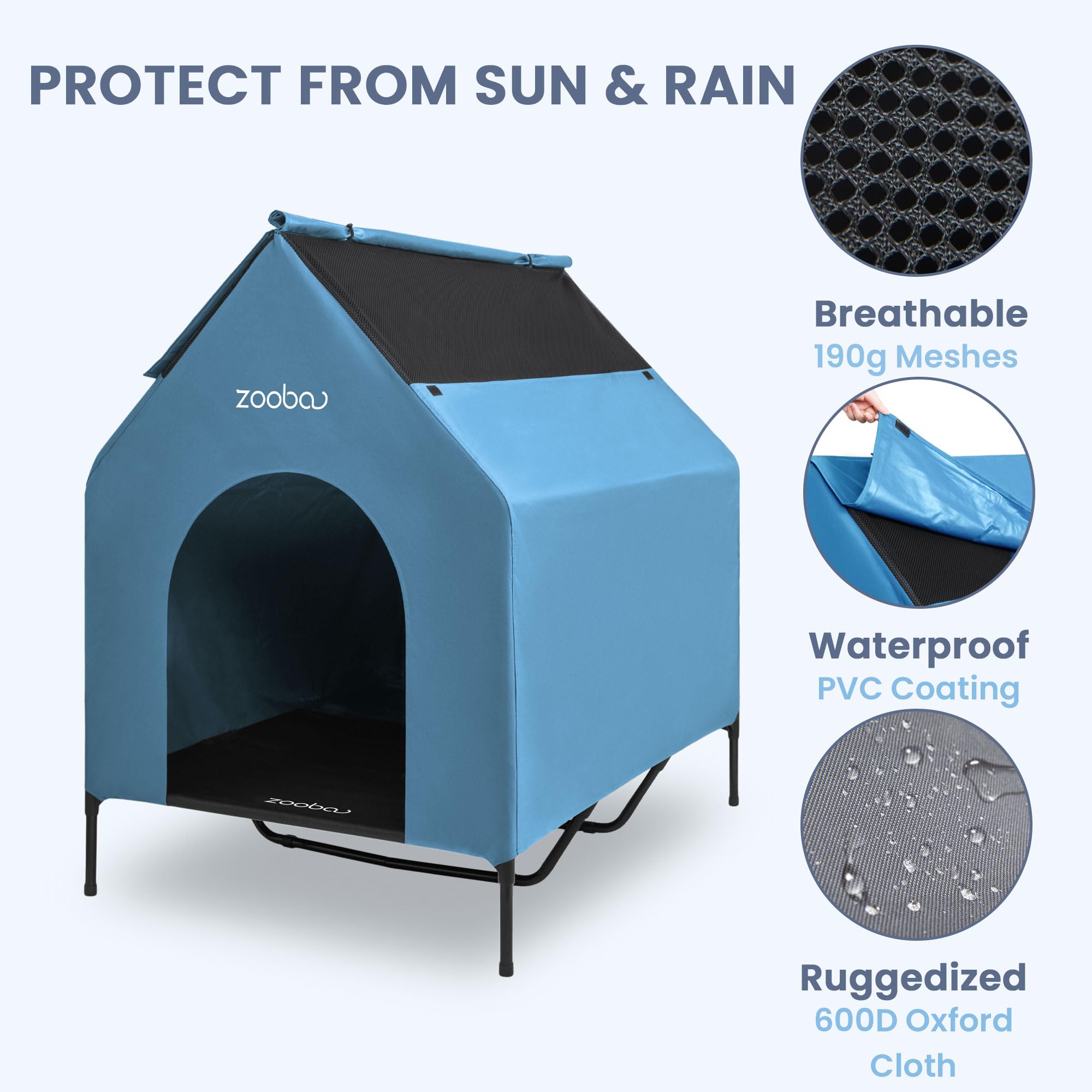 Zooba 48xl outdoor dog house elevated frame highlights sturdy steel support.