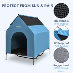 Zooba 48xl outdoor dog house elevated frame highlights sturdy steel support.