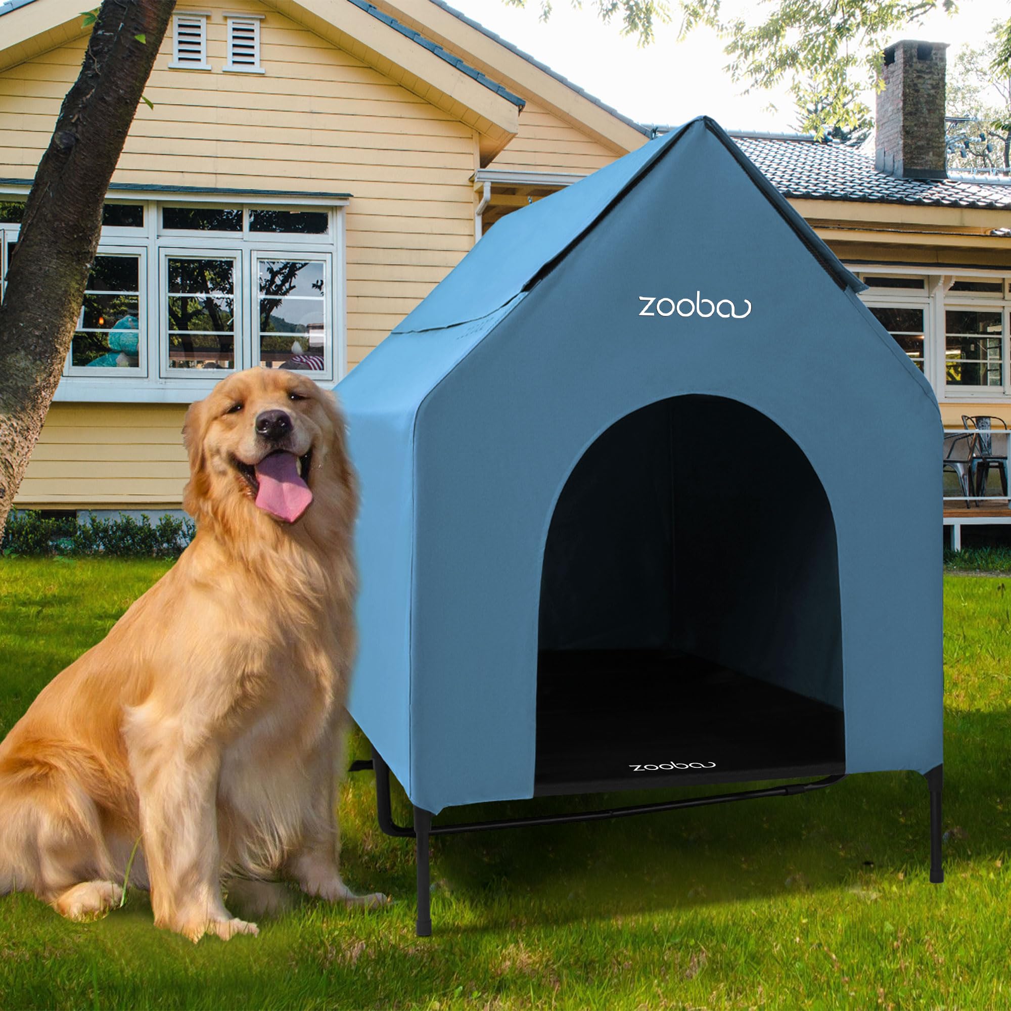 Zooba 48xl outdoor dog house front view shows a spacious shelter for large dogs.