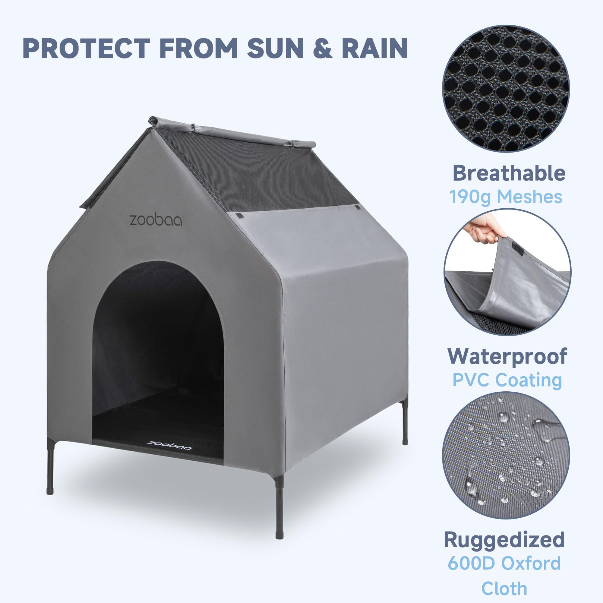 Zooba elevated dog bed assembly shows tool-free setup for quick shelter deployment.