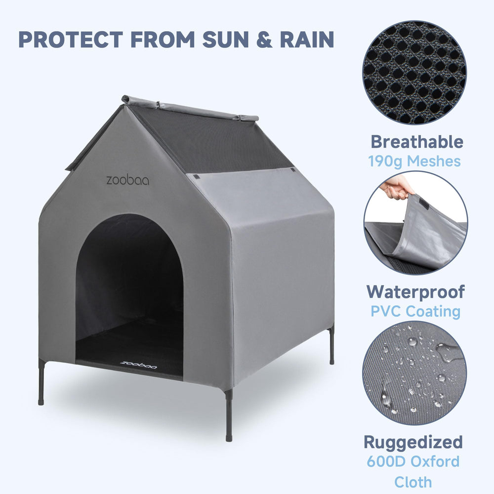 Zooba elevated dog bed assembly shows tool-free setup for quick shelter deployment.