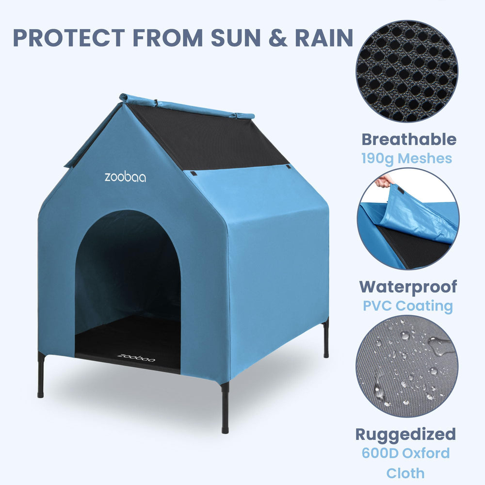 Zooba elevated dog bed outdoors blue for medium dogs, comfortable and secure.
