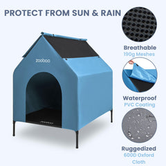 Zooba elevated dog bed outdoors blue for medium dogs, comfortable and secure.