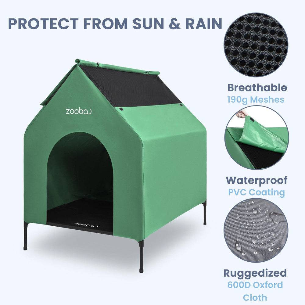 Zooba Outdoor Dog House breathable mesh promotes airflow for comfortable outdoor rests.