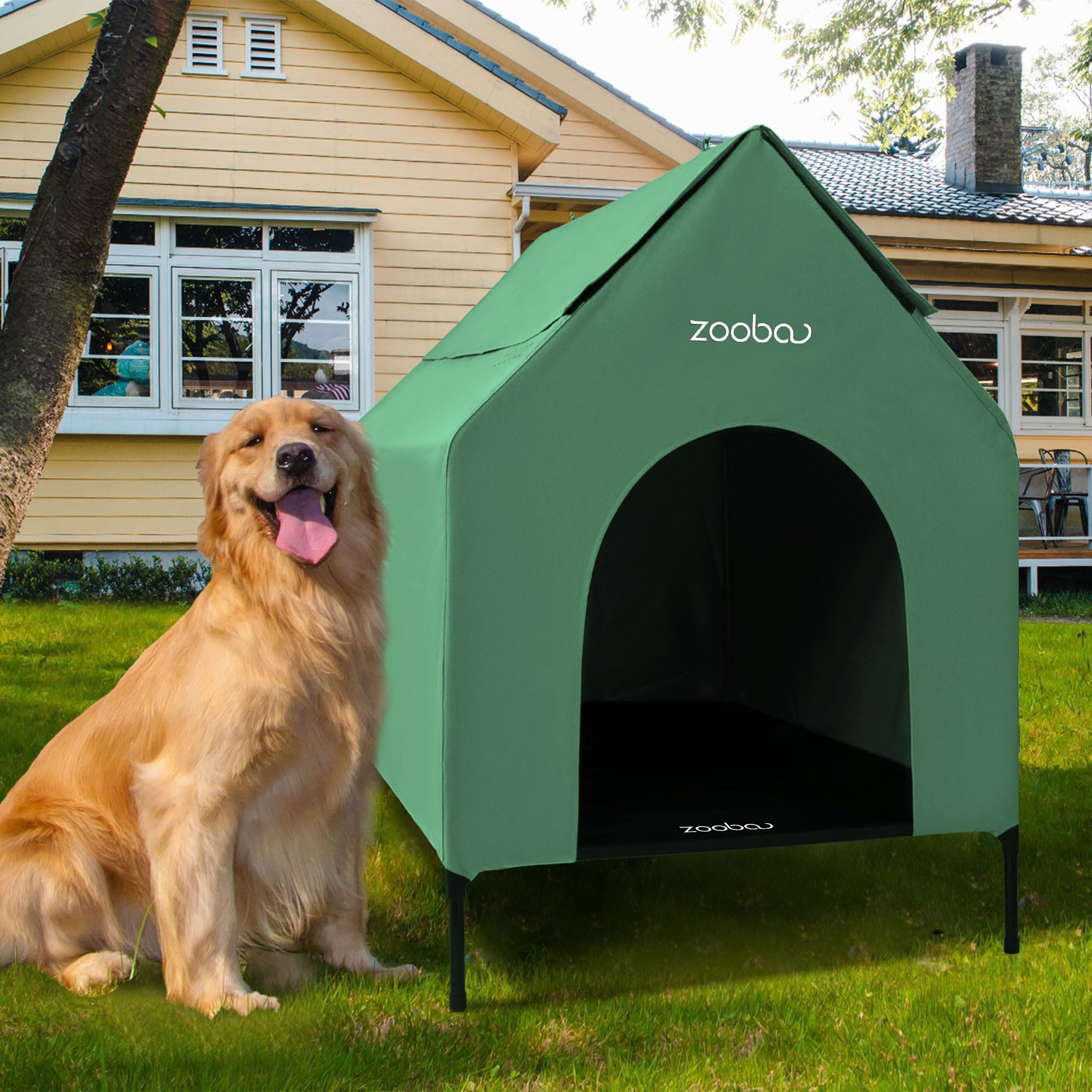 Zooba Outdoor Dog House with elevated base keeps dogs dry outdoors in all seasons.