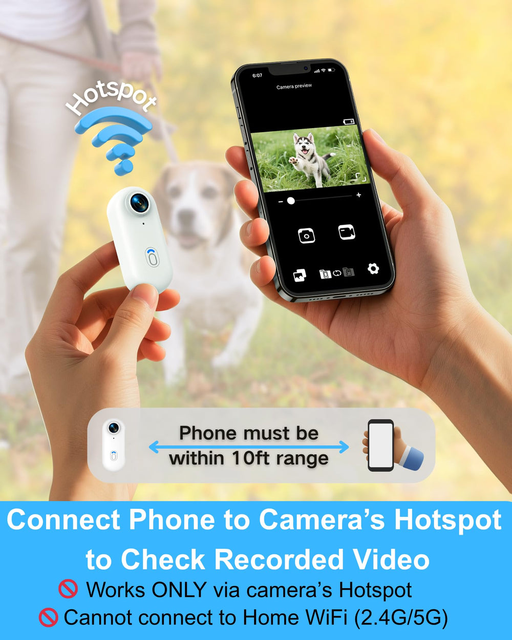 ZoomaraKam camera collar app-setup shows seamless smartphone viewing and clip download.