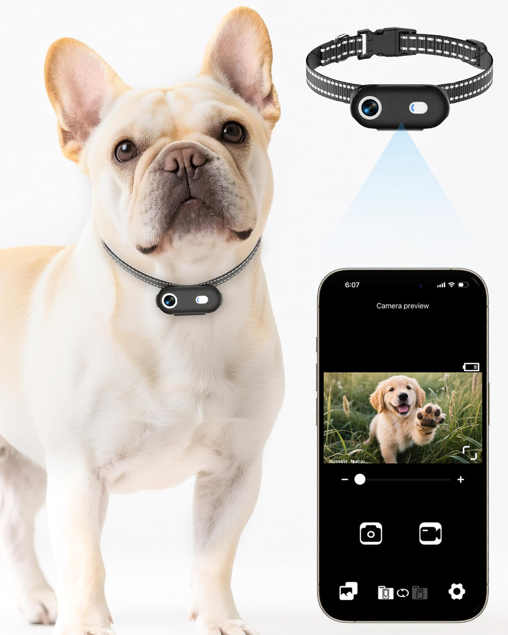 ZoomaraKam camera collar front view for easy on-the-go pet monitoring.