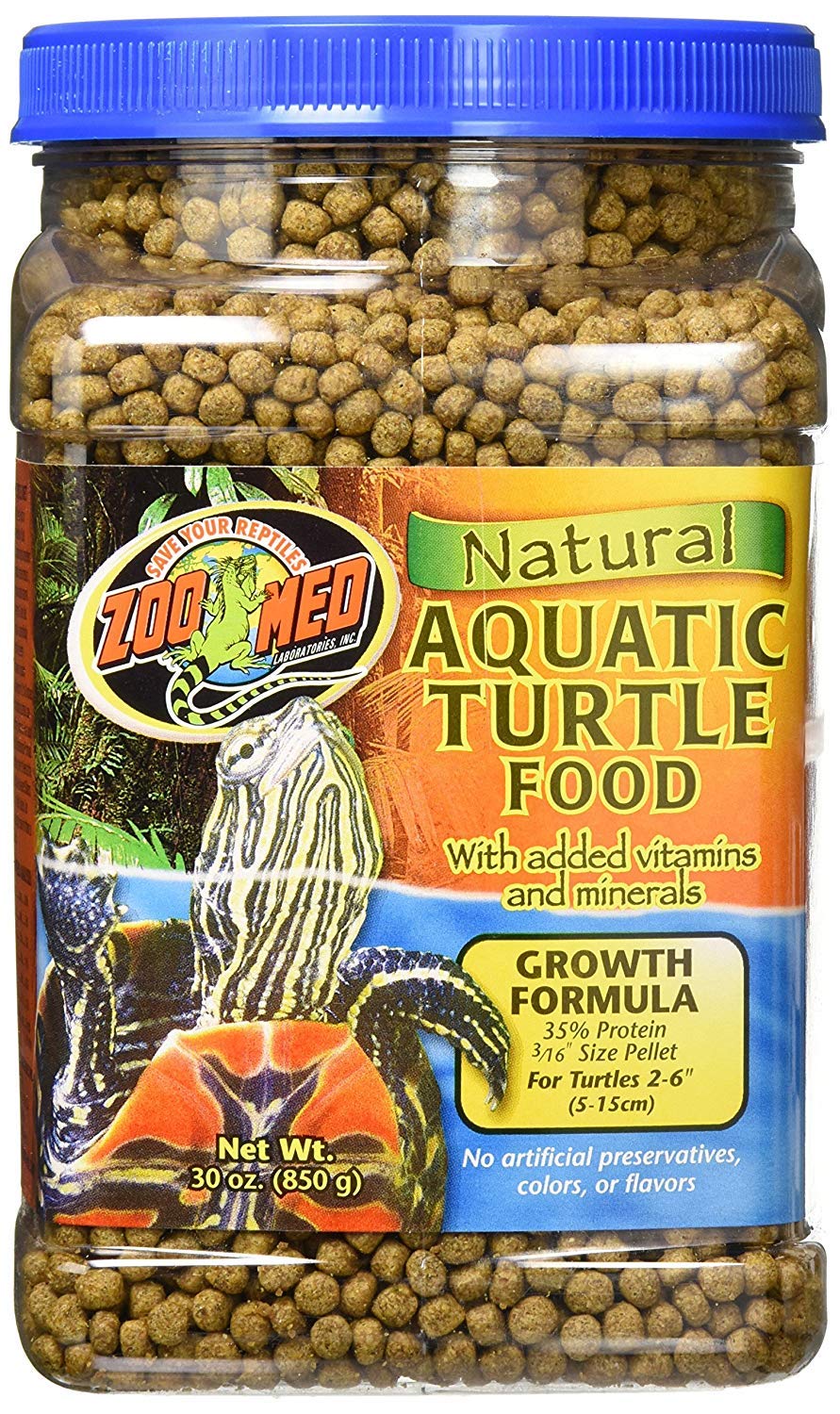 Zoo Med Aquatic Turtle Food Growth Formula pellets floating for easy surface feeding.
