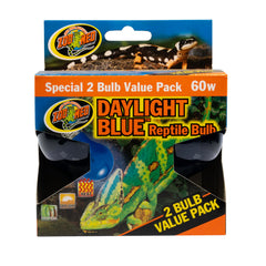 Zoo Med daylight blue bulb 60w pack showing ready-to-use bulbs for reptile basking and viewing clarity.