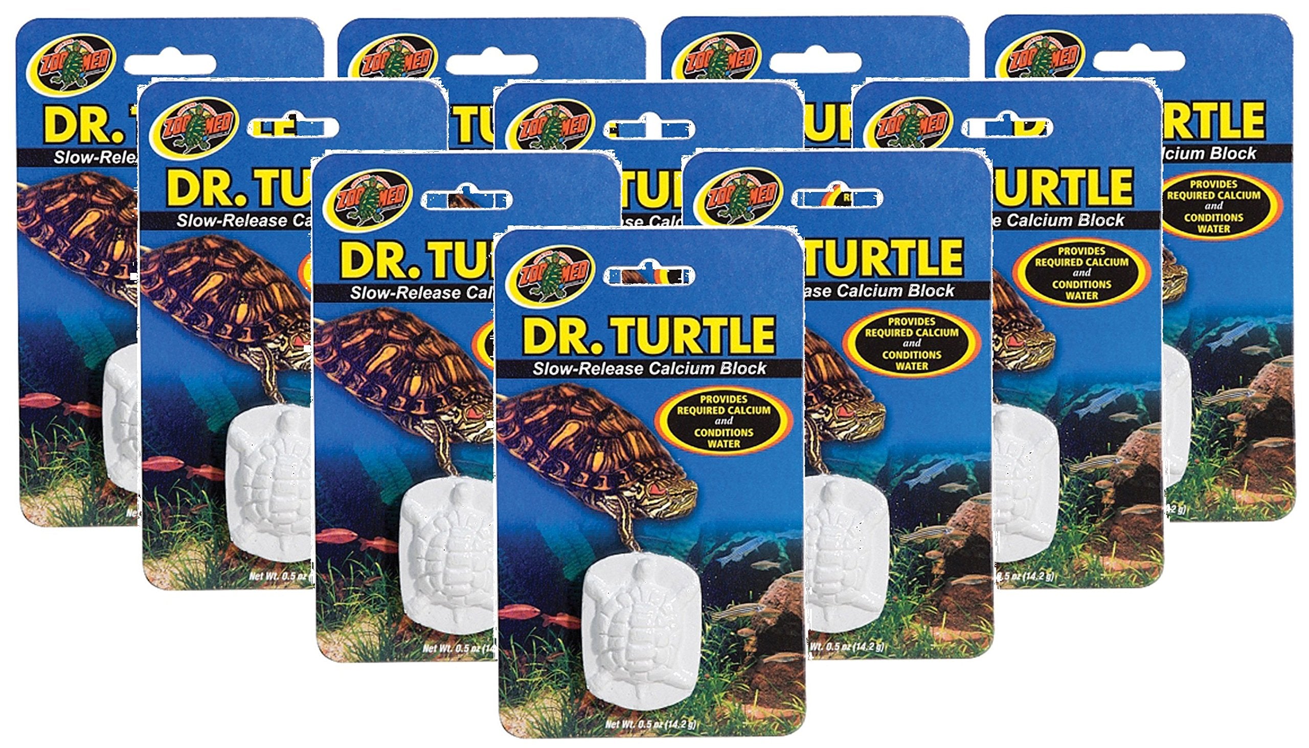 Zoo Med Dr. Turtle slow-release calcium block dissolving in water to support shell health.