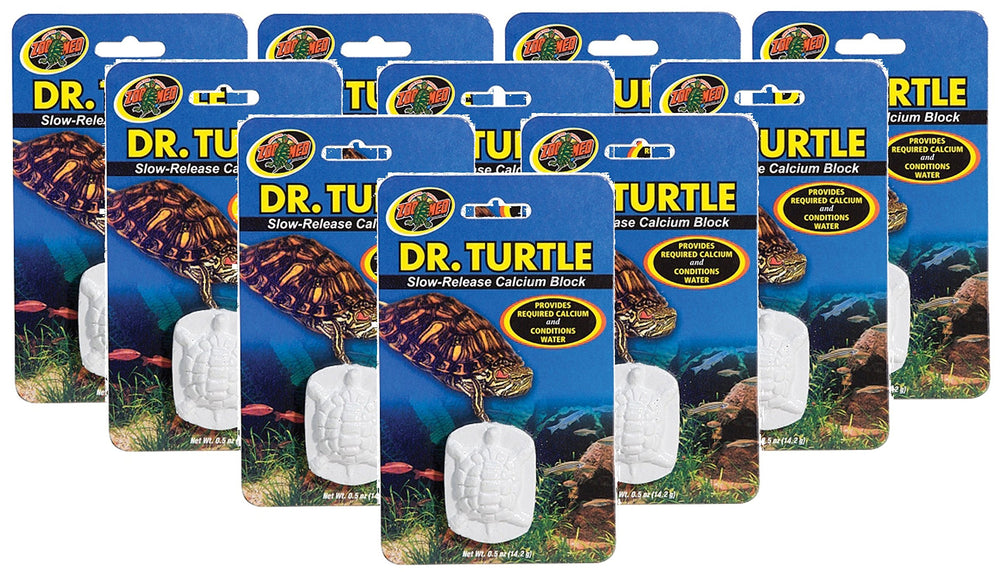 Zoo Med Dr. Turtle slow-release calcium block dissolving in water to support shell health.
