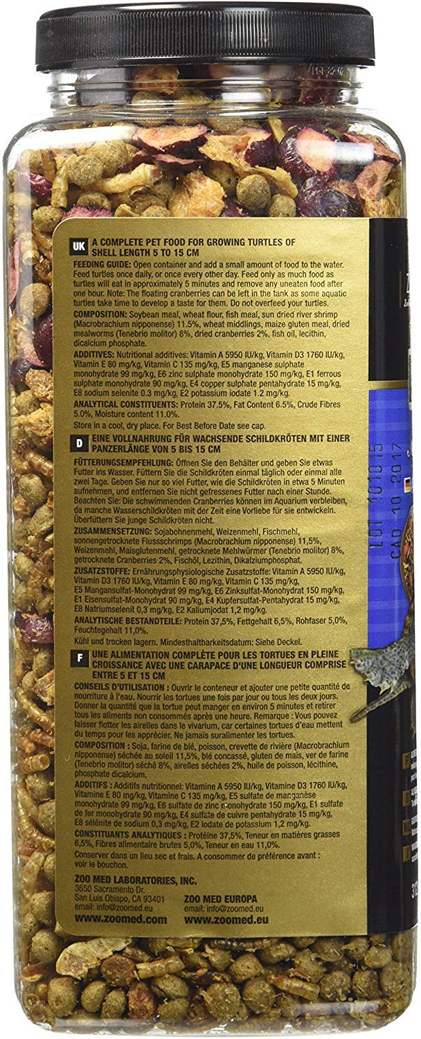 Zoo Med Gourmet Aquatic Turtle Food 2-pack with floating dock display for basking.