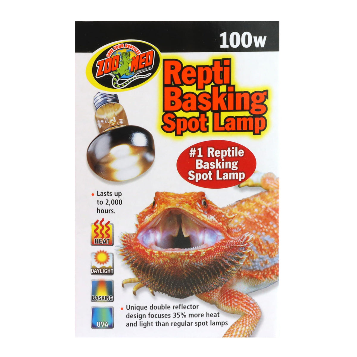 Zoo Med Repti Basking Spot Lamp 100W pack3 packaging, heat-focused bulb for reptile basking.