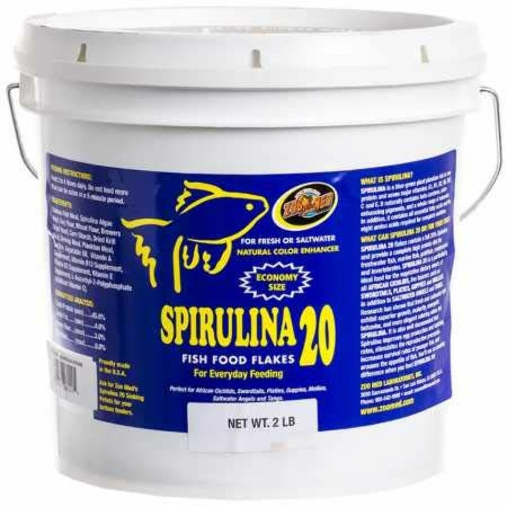 Zoo Med Spirulina 20 fish food flakes product shot highlighting easy feeding and nutritious color boost