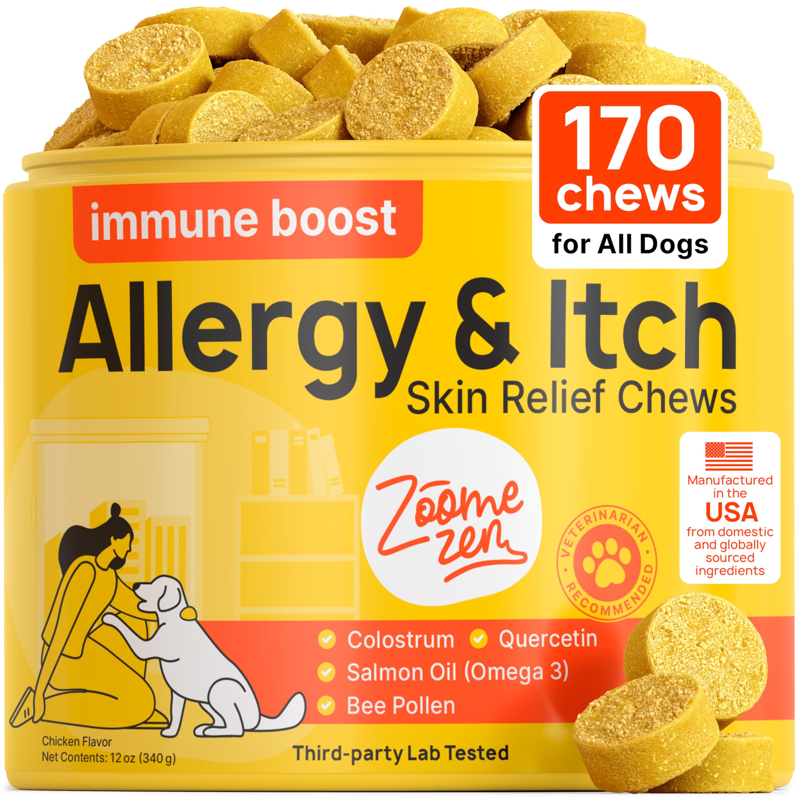 Zoomezen Dog Allergy Chews bottle front highlights itch relief and skin comfort.