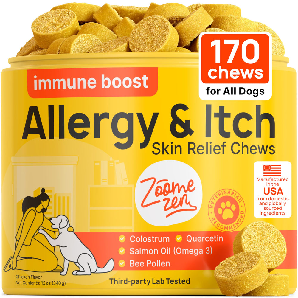 Zoomezen Dog Allergy Chews bottle front highlights itch relief and skin comfort.