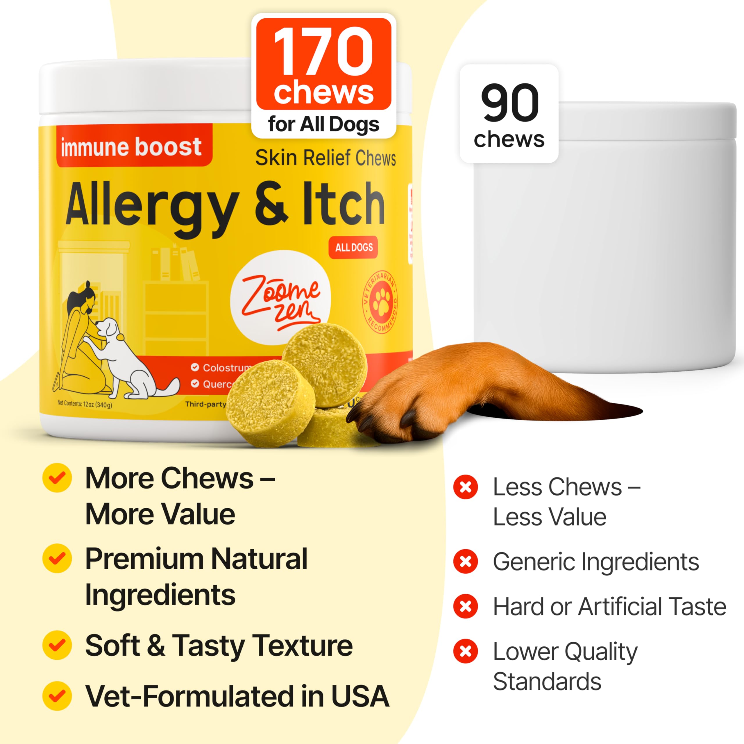 Zoomezen Dog Allergy Chews support immunity with probiotics and bee pollen.