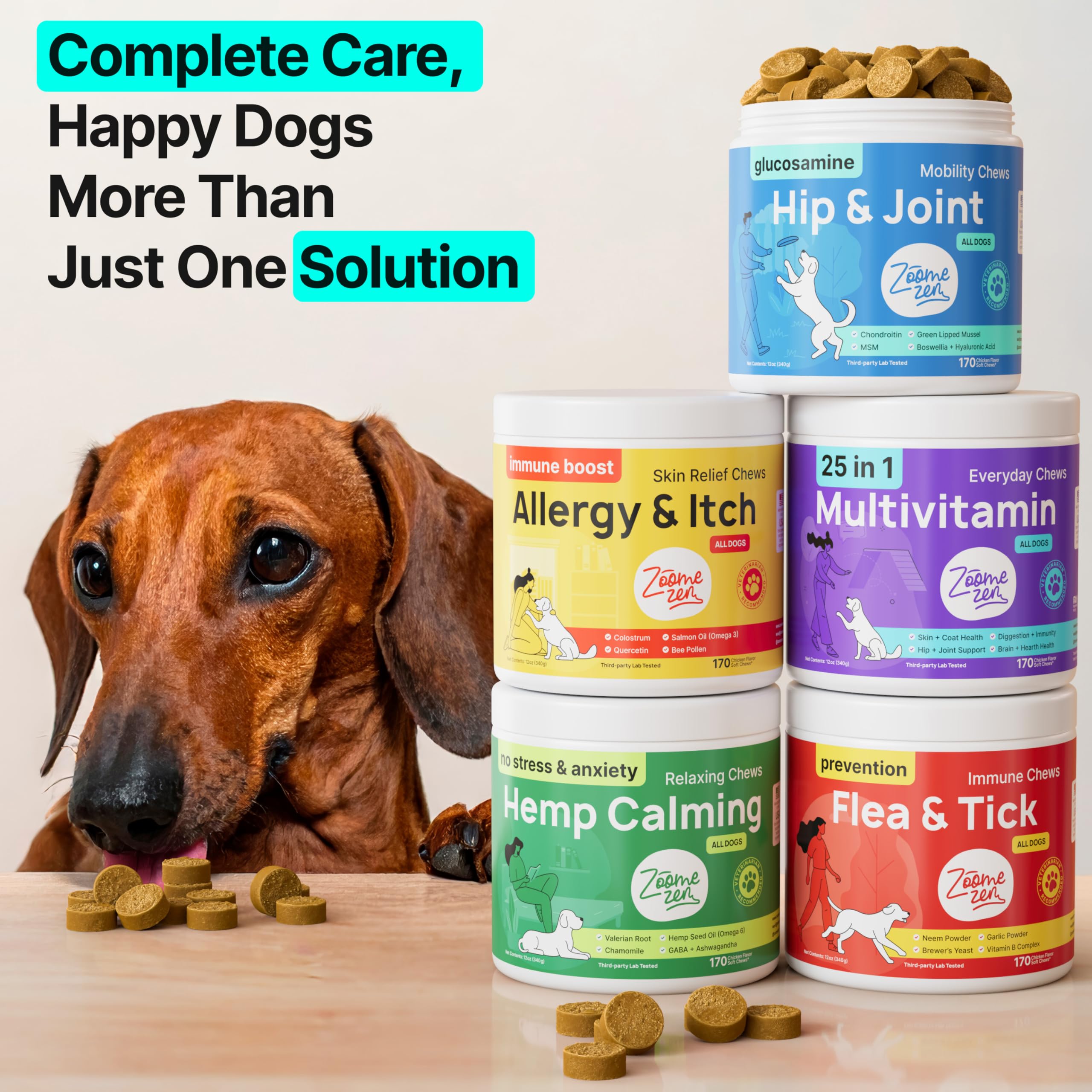 ZOOMEZEN dog chewing a chew demonstrates easy daily administration.