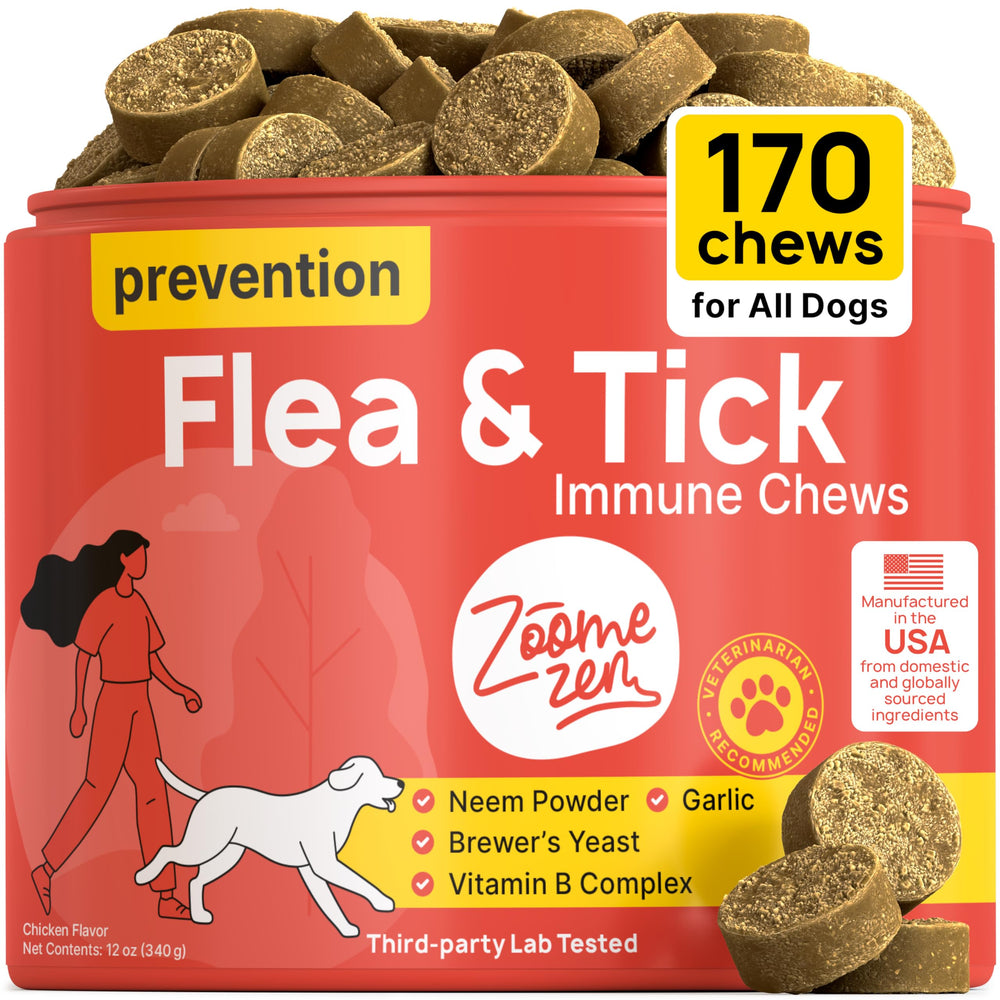 ZOOMEZEN flea and tick chews pack shot demonstrates natural prevention for dogs.