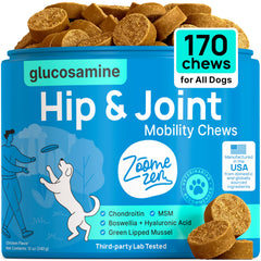 ZOOMEZEN dog hip joint supplement bottle front shows trusted joint support.