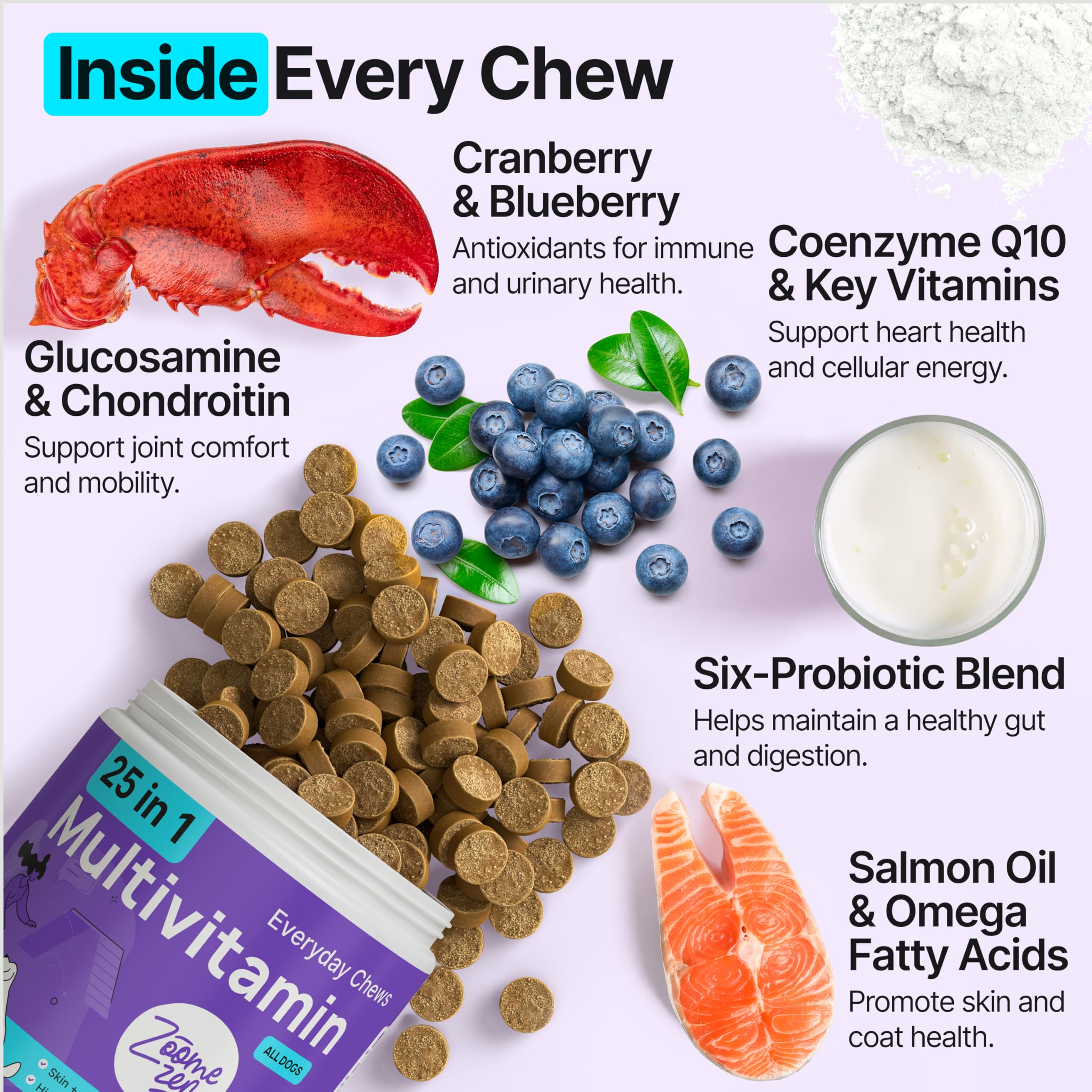 ZOOMEZEN chews featuring glucosamine suggest flexible joints for active dogs.