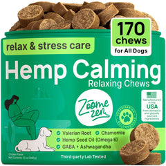 ZOOMEZEN hemp calming chews bottle closeup for dog stress relief and sleep support